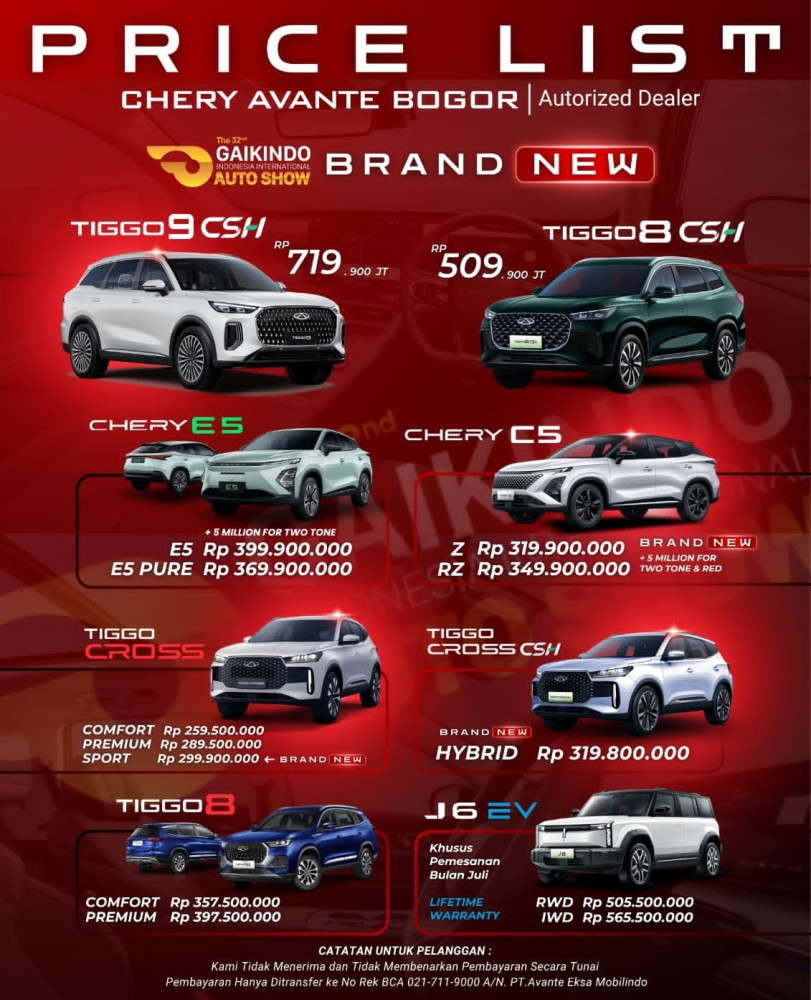 Pricelist Harga Chery pasarrebo 2025